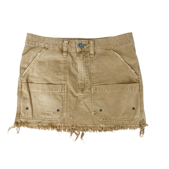 Free People Khaki Tan Cargo Denim Mini Skirt Sz 27 Y2K Grunge Distressed - Picture 4 of 10